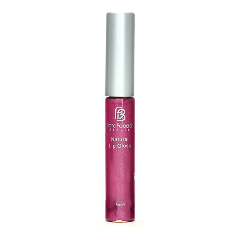 BareFaced Beauty Natural Mineral Lip Gloss in Spellbound. Natural lip gloss. The mineral lip gloss is pictured in a clear plastic tube with a silver lid, and the logo in silver. The shade is a glittery purple.