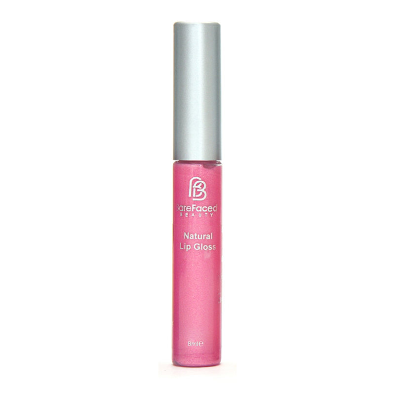 BareFaced Beauty Natural Mineral Lip Gloss in Sweetheart. Natural lip gloss. The mineral lip gloss is pictured in a clear plastic tube with a silver lid, and the logo in silver. The shade is a bright pink.