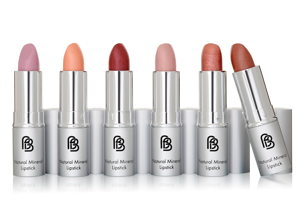 BareFaced Beauty Natural Mineral Lipstick. Cruelty free lipstick. There are six shades of lipstick pictured in aluminium tubes with black labels. The lids are off so the colours can be shown. 