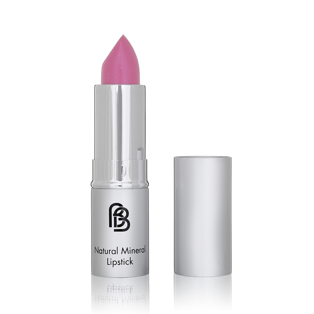 BareFaced Beauty Natural Mineral Lipstick in Charming. Vegan lipstick. The mineral lipstick is pictured in a silver plastic tube with a silver lid, and the logo in black. The shade is a bubble gum pink.