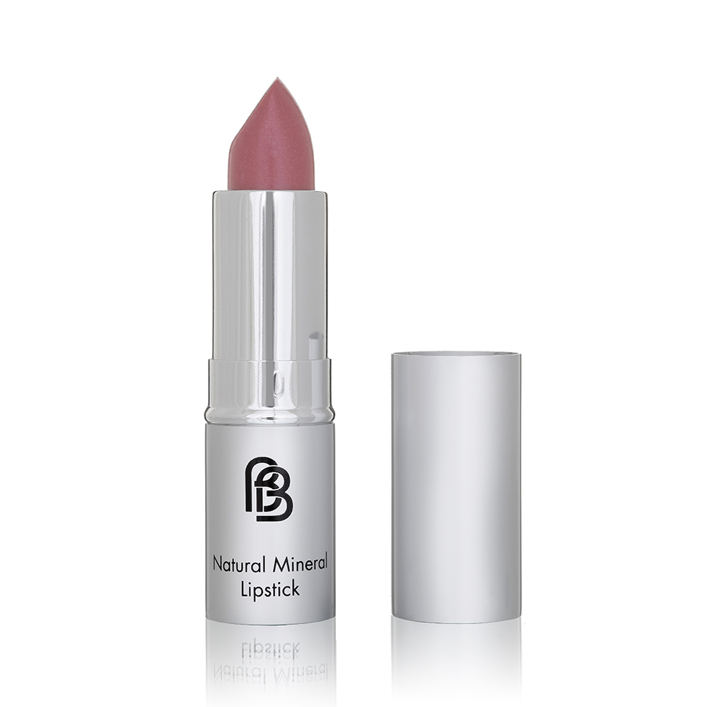BareFaced Beauty Natural Mineral Lipstick in Chic. Vegan lipstick. The mineral lipstick is pictured in a silver plastic tube with a silver lid, and the logo in black. The shade is a dusky neutral pink.