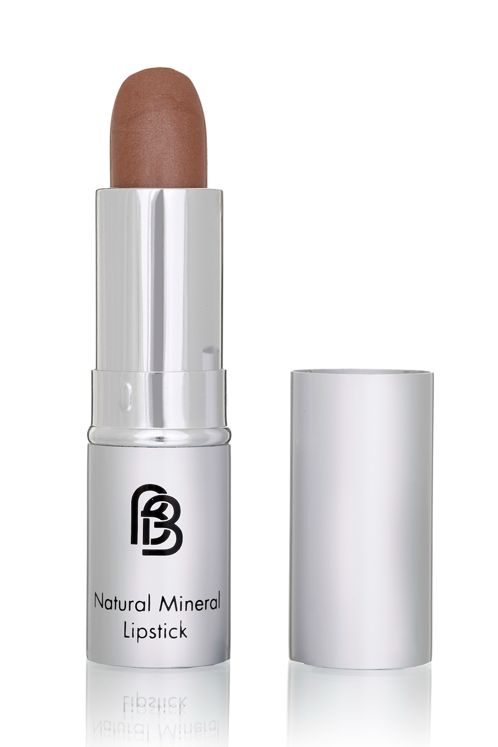 BareFaced Beauty Natural Mineral Lipstick in Chocamocha. Vegan lipstick. The mineral lipstick is pictured in a silver plastic tube with a silver lid, and the logo in black. The shade is a silky medium brown.
