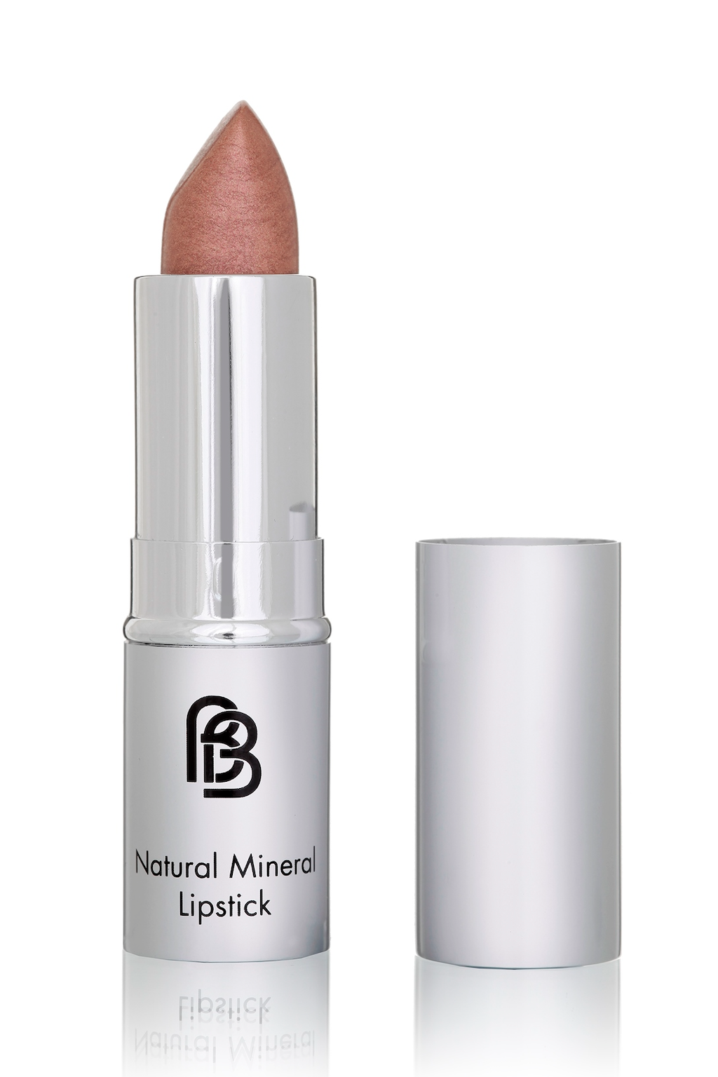 BareFaced Beauty Natural Mineral Lipstick in Copper Rose. Vegan lipstick. The mineral lipstick is pictured in a silver plastic tube with a silver lid, and the logo in black. The shade is a frosty rosy copper.