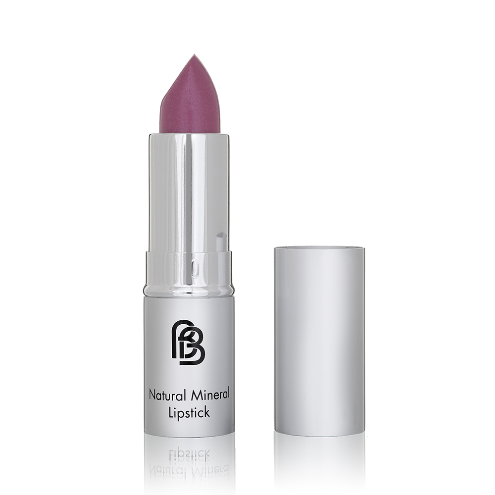 BareFaced Beauty Natural Mineral Lipstick in Dazzling. Vegan lipstick. The mineral lipstick is pictured in a silver plastic tube with a silver lid, and the logo in black. The shade is a dusky neutral mauve.