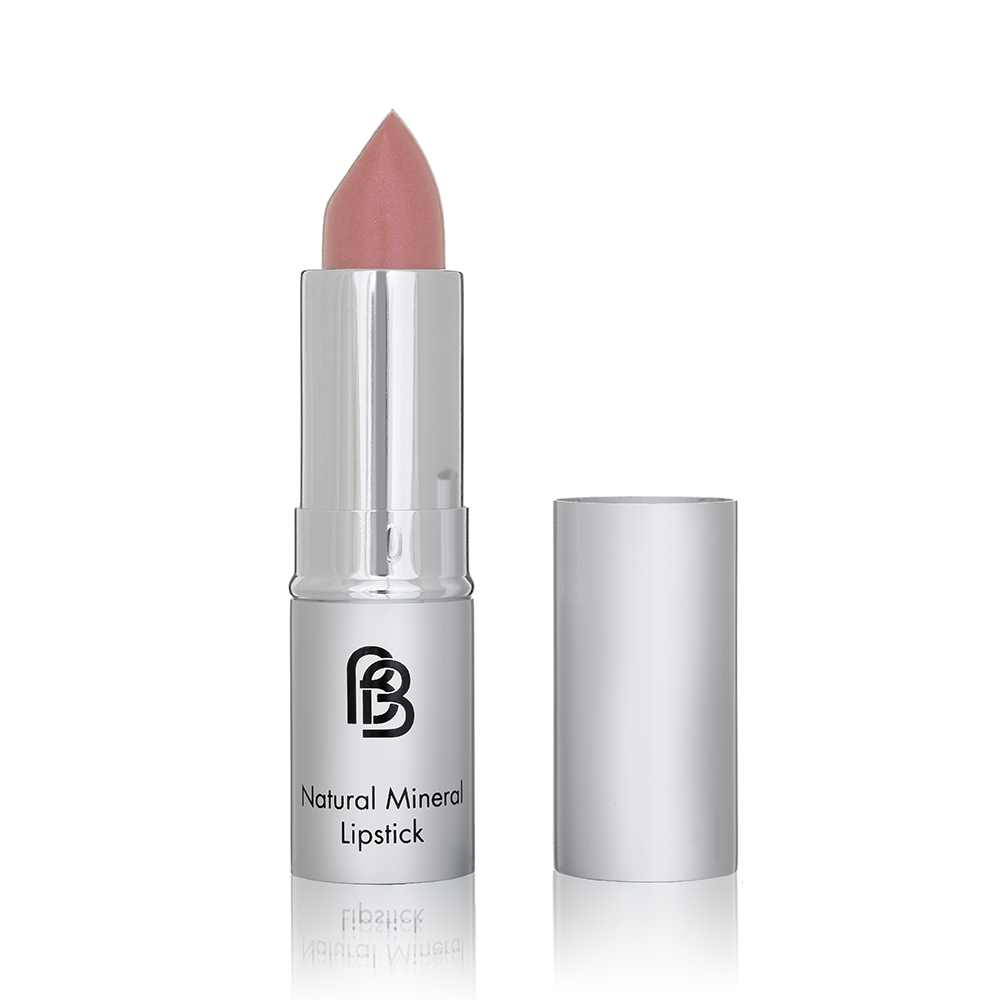 BareFaced Beauty Natural Mineral Lipstick in Luscious. Vegan lipstick. The mineral lipstick is pictured in a silver plastic tube with a silver lid, and the logo in black. The shade is a peachy pink.