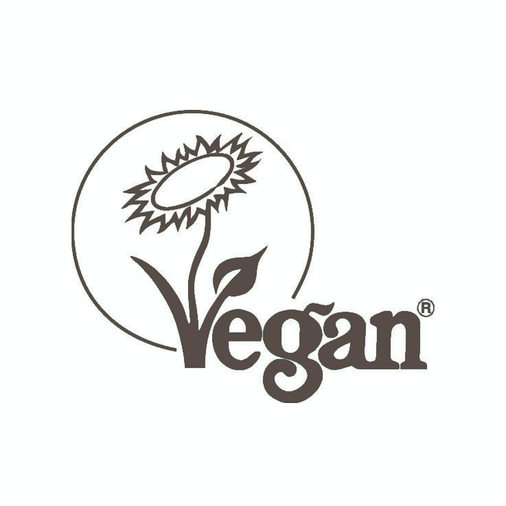 BareFaced Beauty certified vegan by The Vegan Society. Vegan Society logo in brown.