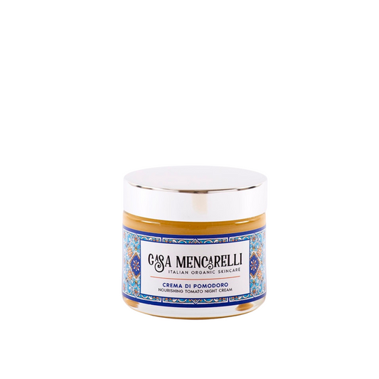 Casa Mencarelli Crema Di Pomodoro Nourishing Tomato Night Cream & Cleanser. Certified organic night treatment. The product is packaged in a glass jar with a label decorated with images of the traditional tiling of Umbria.