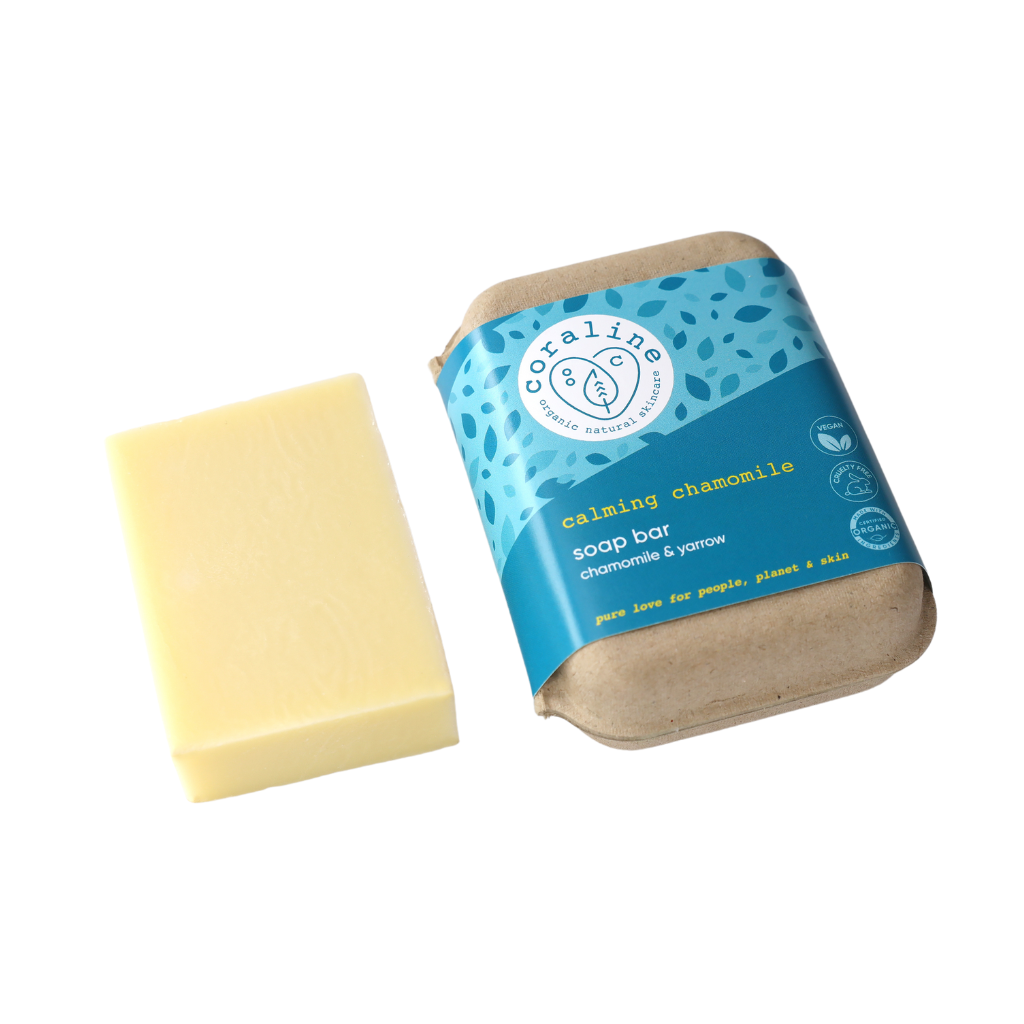 handmade organic chamomile soap bar in brown kraft box with blue sleeve