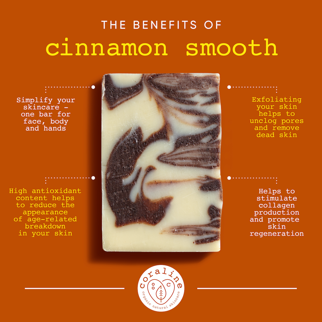 infographic on the benefits of cinnamon soap. Text reads 'Simplify your skincare - one bar for body and hands. High antioxidant content helps to reduce the appearance of age-related breakdown in your skin. Exfoliating your skin helps to unclog pores and remove dead skin. Helps to stimulate collagen production and promote skin regeneration. 