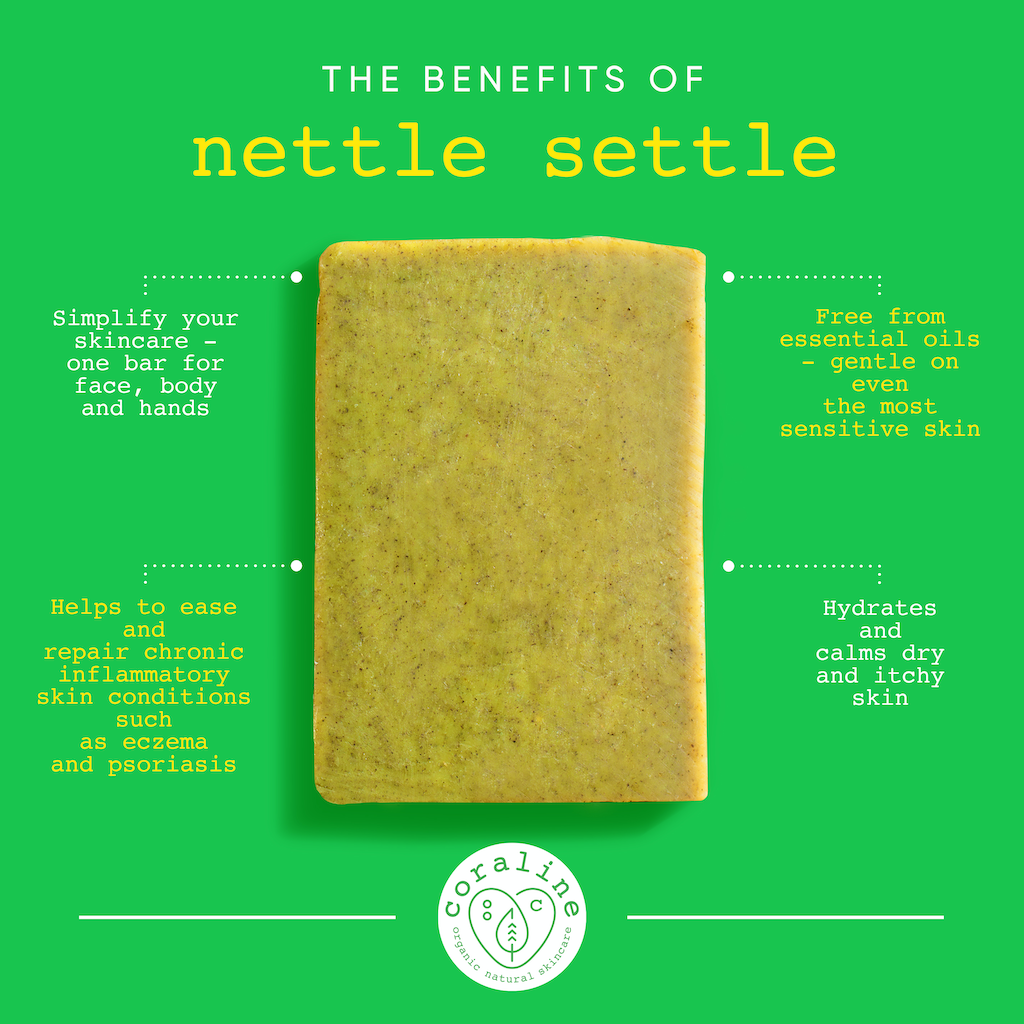 Infographic: A green background with a bar of Nettle Settle soap in the center. Text around the soap lists benefits: simplifies skincare, eases and repairs inflammation, is free from essential oils, and hydrates and calms skin. 