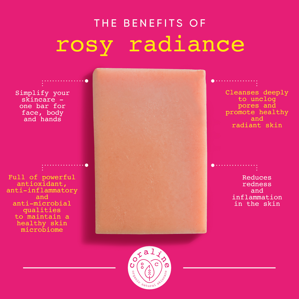 Coraline Rosy Radiance Soap. Vegan soap. The pink bar is shown against a bright pink background with various bits of text explaining the benefits of the soap.