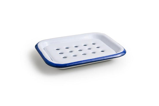 white enamel soap tray with a dark blue rim pictured against a white background.