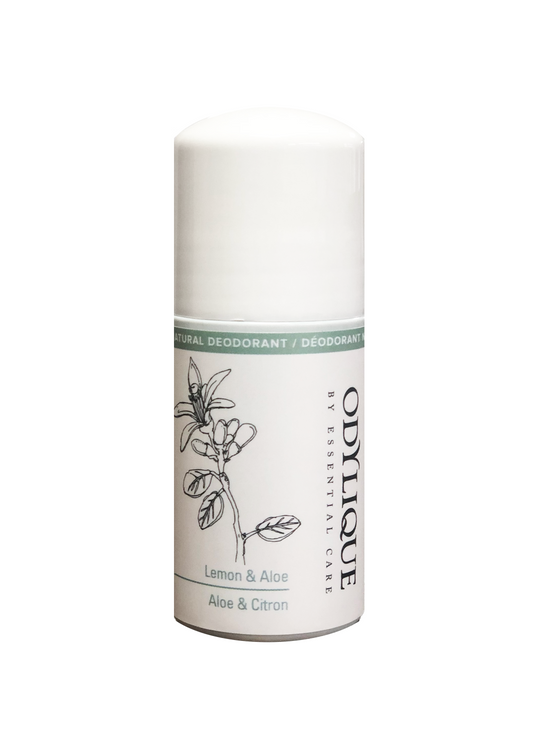 Odylique Lemon and Aloe Natural Deodorant roll-on against a white background. Aluminium-free deodorant.