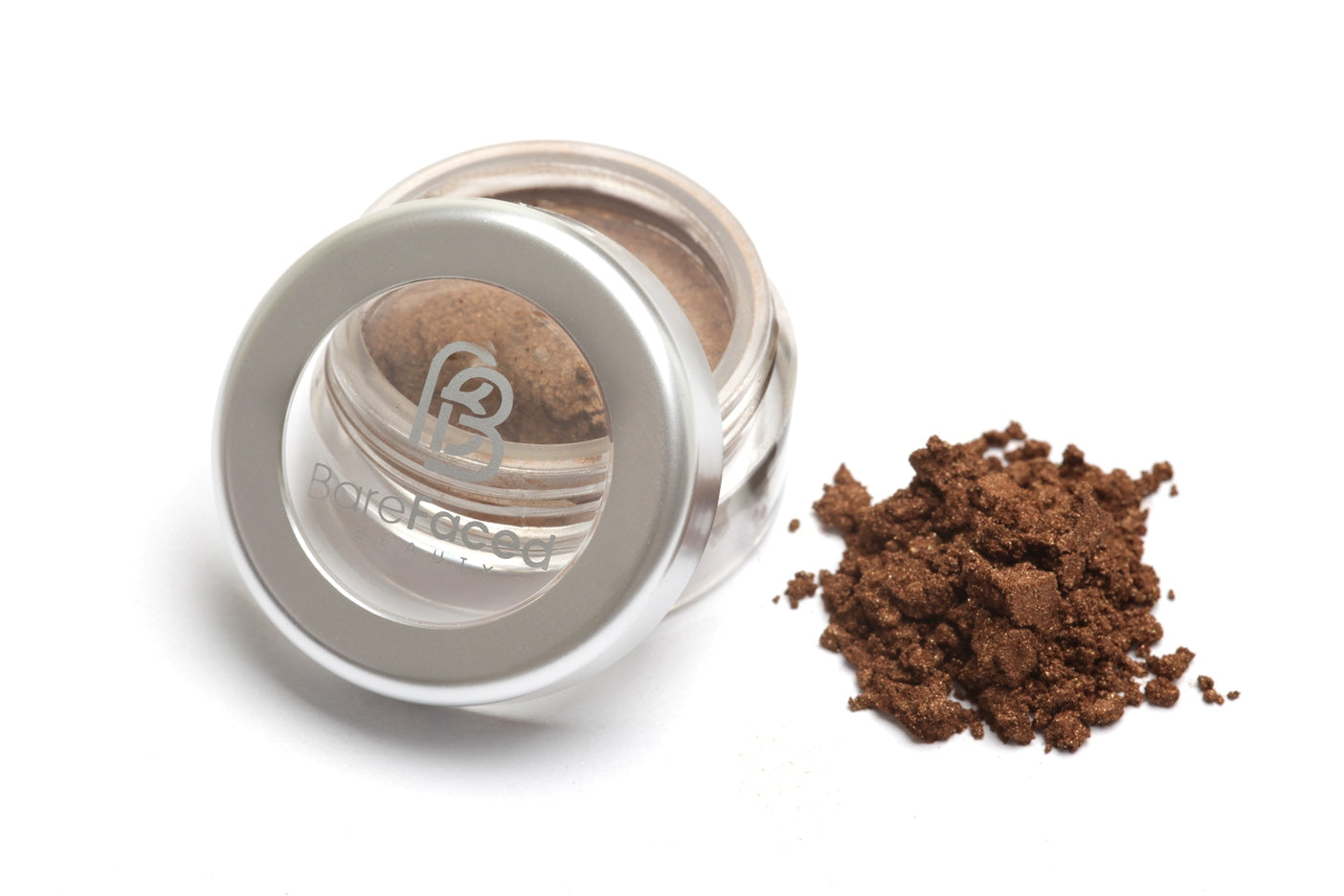 A small round pot of mineral eyeshadow, with a swatch of the powder next to it showing a shimmery medium dark brown shade