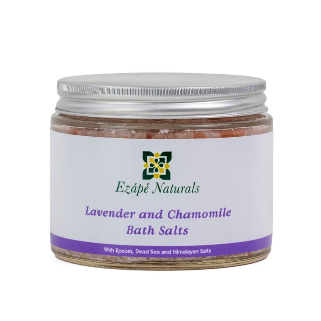 Ezape Naturals Lavender and Chamomile Bath Salts. Natural bath products. The salts are pictured in a glass jar with an aluminium lid.