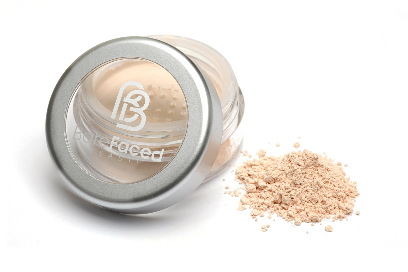 BareFaced Beauty Natural Finishing Powder in English Rose. Ethical mineral makeup. The powder mineral foundation is pictured in a clear plastic jar with a small pile of the powder sitting next to it.