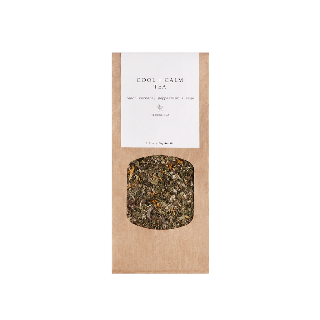 forage botanicals cool and calm tea for hot flushes, brain fog and perimenopause and menopause. The tea is in a brow paper bag with a white sticker on it. there is a clear window where you can see the loose leaf tea