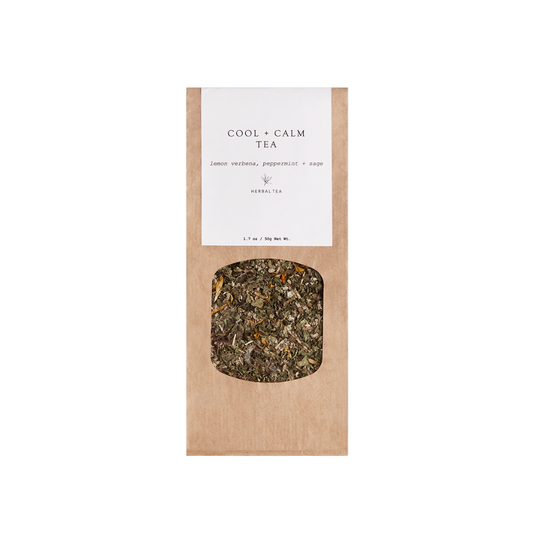 forage botanicals cool and calm tea for hot flushes, brain fog and perimenopause and menopause. The tea is in a brow paper bag with a white sticker on it. there is a clear window where you can see the loose leaf tea