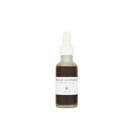 Forage Botanicals Inner Goddess Drops. Natural hormone balance. The red tincture is pictured in a frosted glass bottle with a white pipette and simple white label.