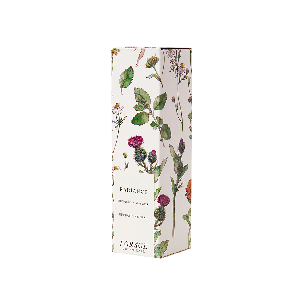 Forage Botanicals Radiance Tincture. Vegan gut relief. The box that holds the glass jar is shown at an angle, demonstrating all the beautiful illustrations of the plants in the tincture in pink and green.