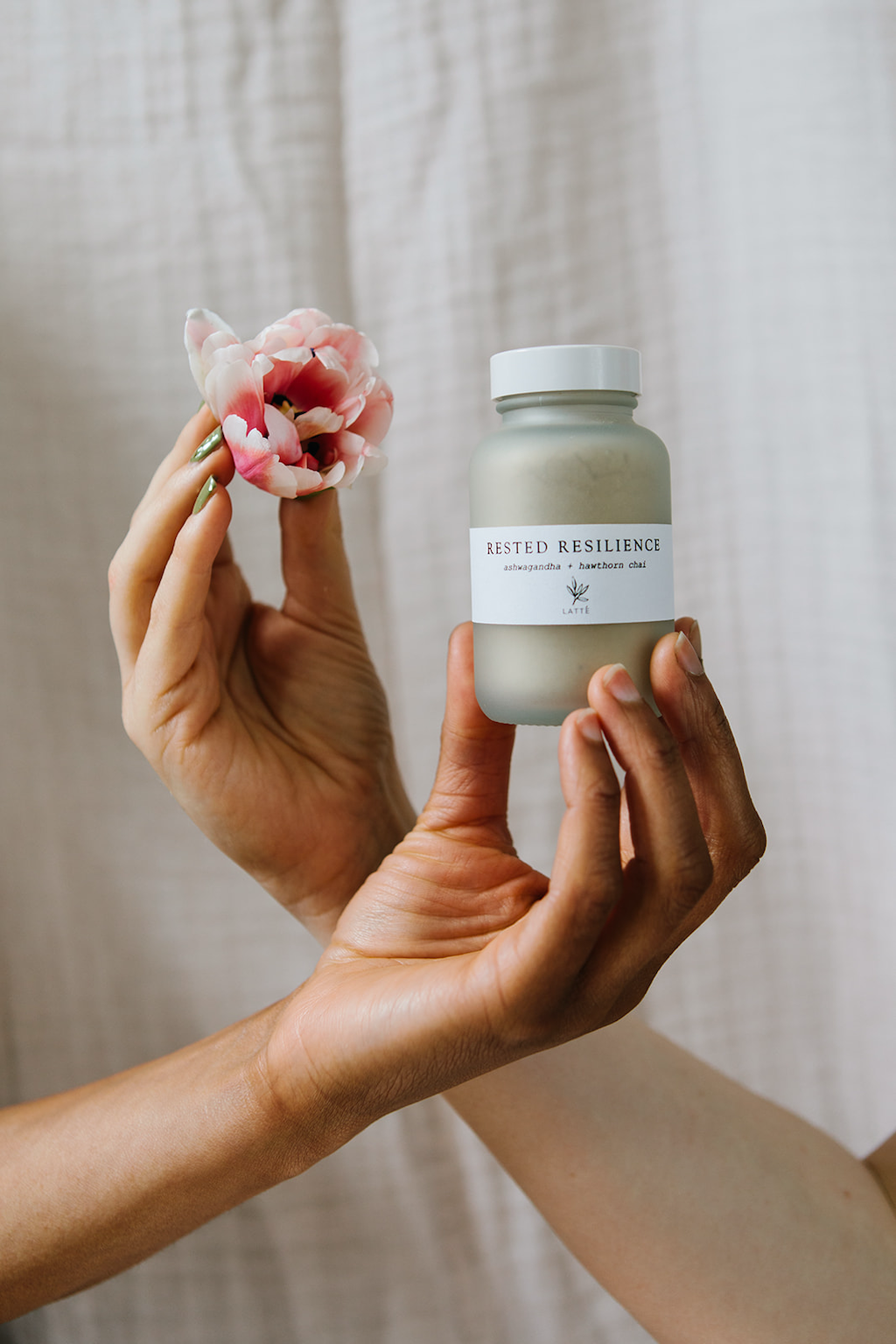 Forage Botanicals Rested Resilience Chai Latte Powder. Vegan nervous system support. The glass jar filled with latte powder is being held by one person's hand, while another person's hand holds a pink flower behind.