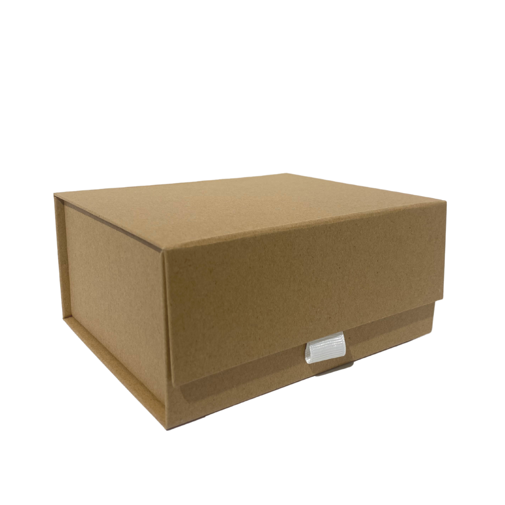 brown kraft cardboard gift box in a rectangular shape with a flip over lid and magnetic fastening which is shown closed in the photo
