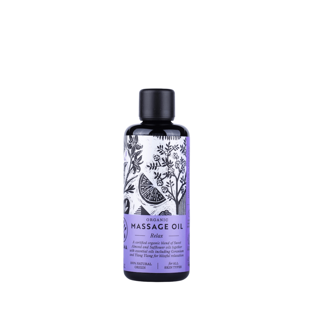 Haoma Organic Massage Oil in Relax. Vegan massage oil to relax. The body oil is packaged in a black glass bottle with a purple label and black illustrations of plants.
