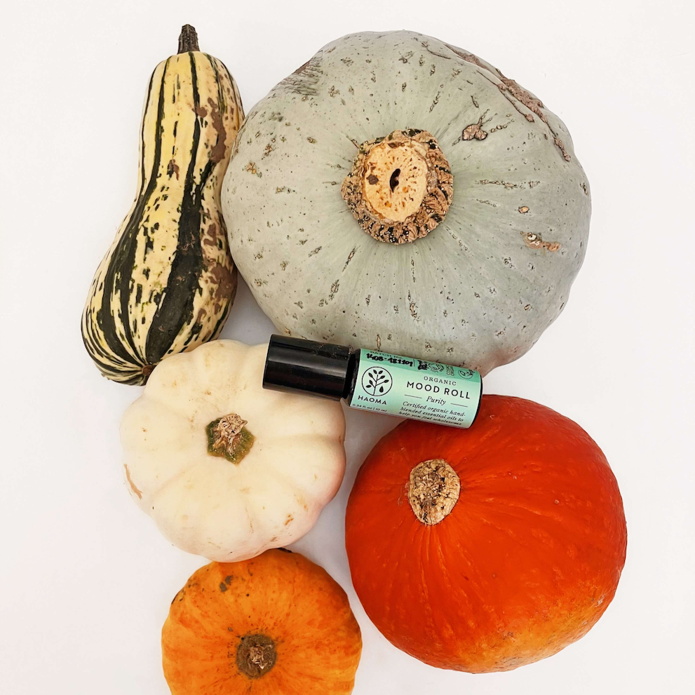 Haoma Aromatherapy Mood Rollers. Certified organic aromatherapy for anxiety. The Purity mood roller is shown sitting on top of a selection of gourds.