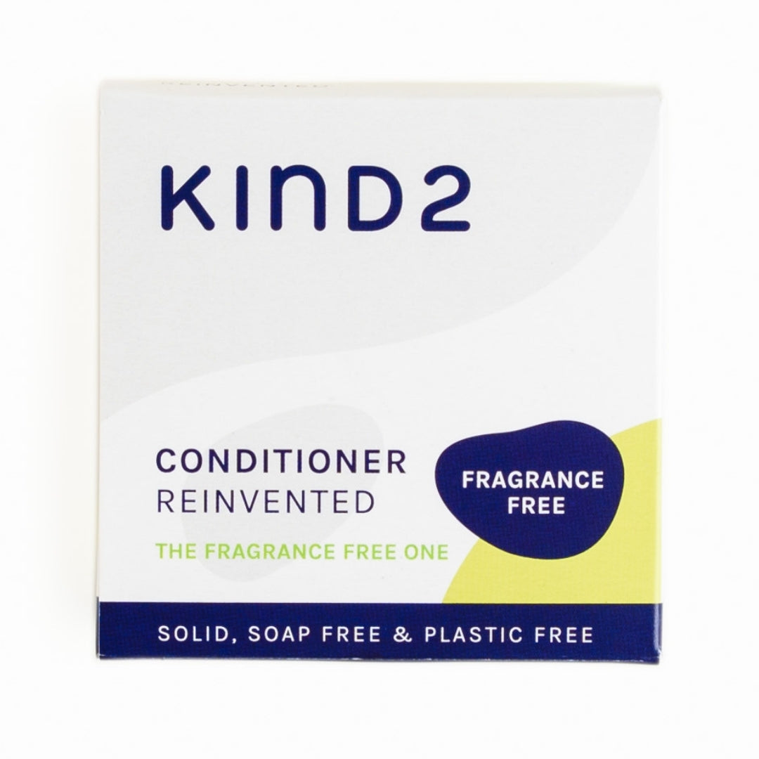 An image of the white/grey cardboard box of the fragrance free KIND2 conditioner bar, against a white background