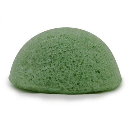 photo of a green konjac facial sponge on a white background. the konjac sponge is infused with aloe vera