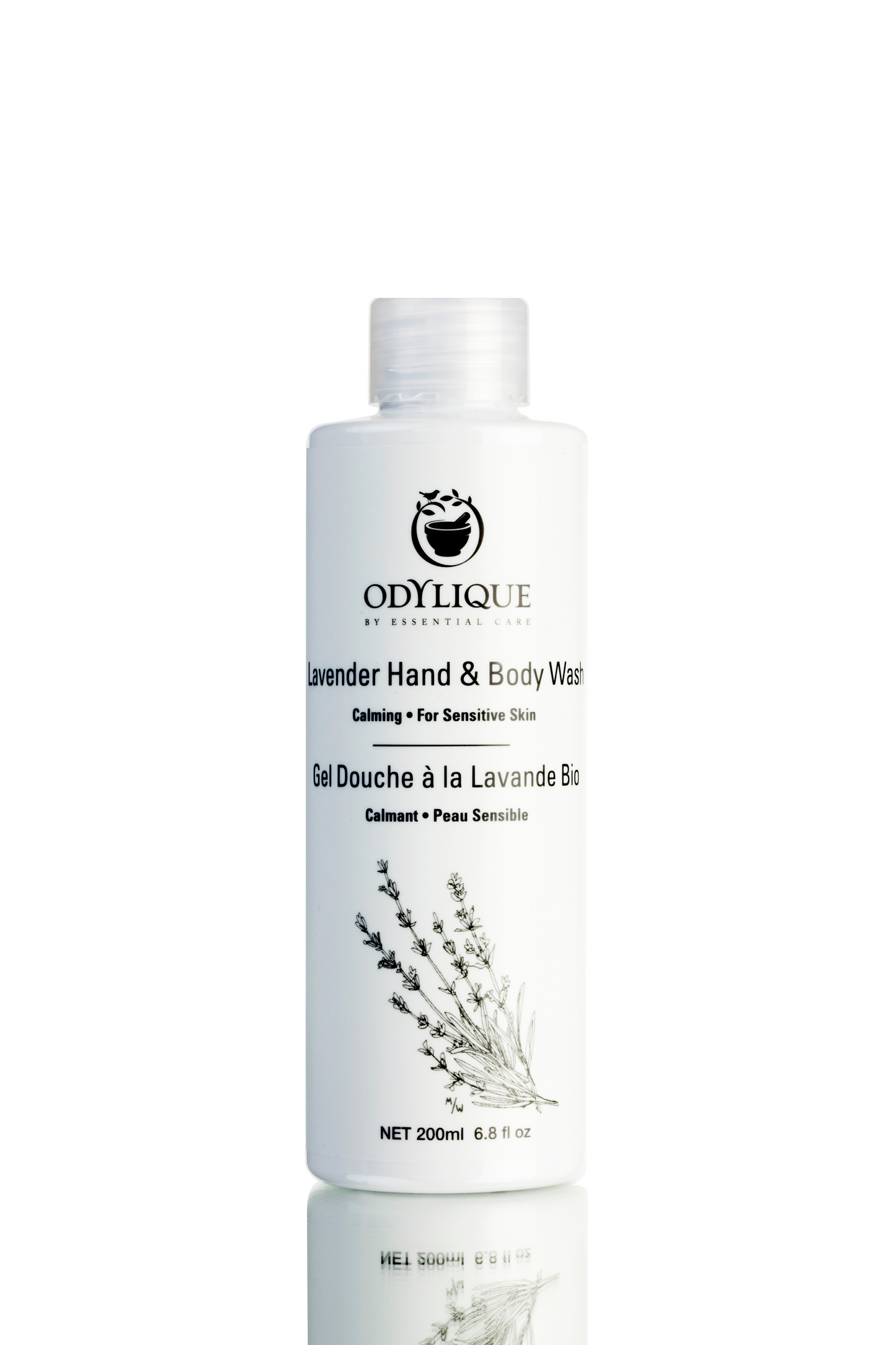 lavender Body Wash with Odylique logo. White bottle on white background pictured with clear flip cap lid. 