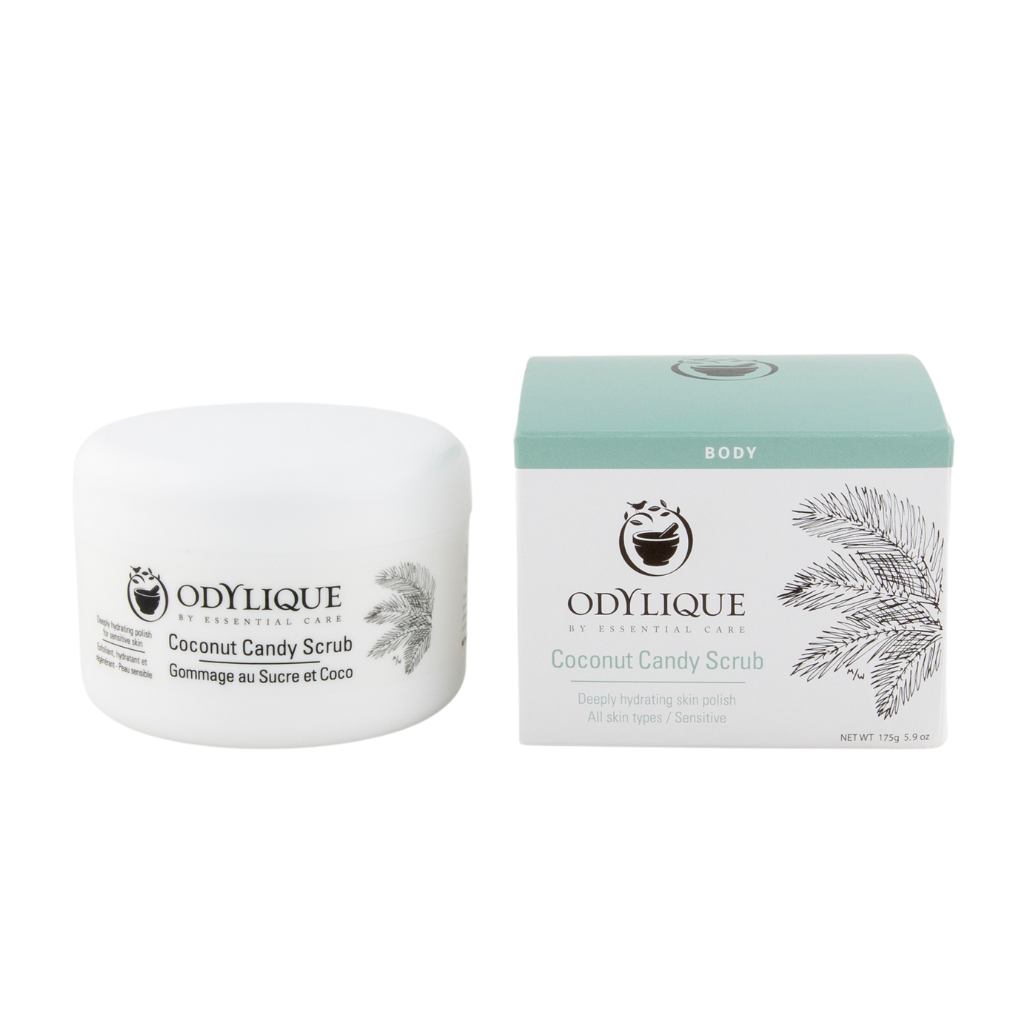 Odylique Coconut Candy Scrub with closed jar and box next to it. Cruelty free bodycare