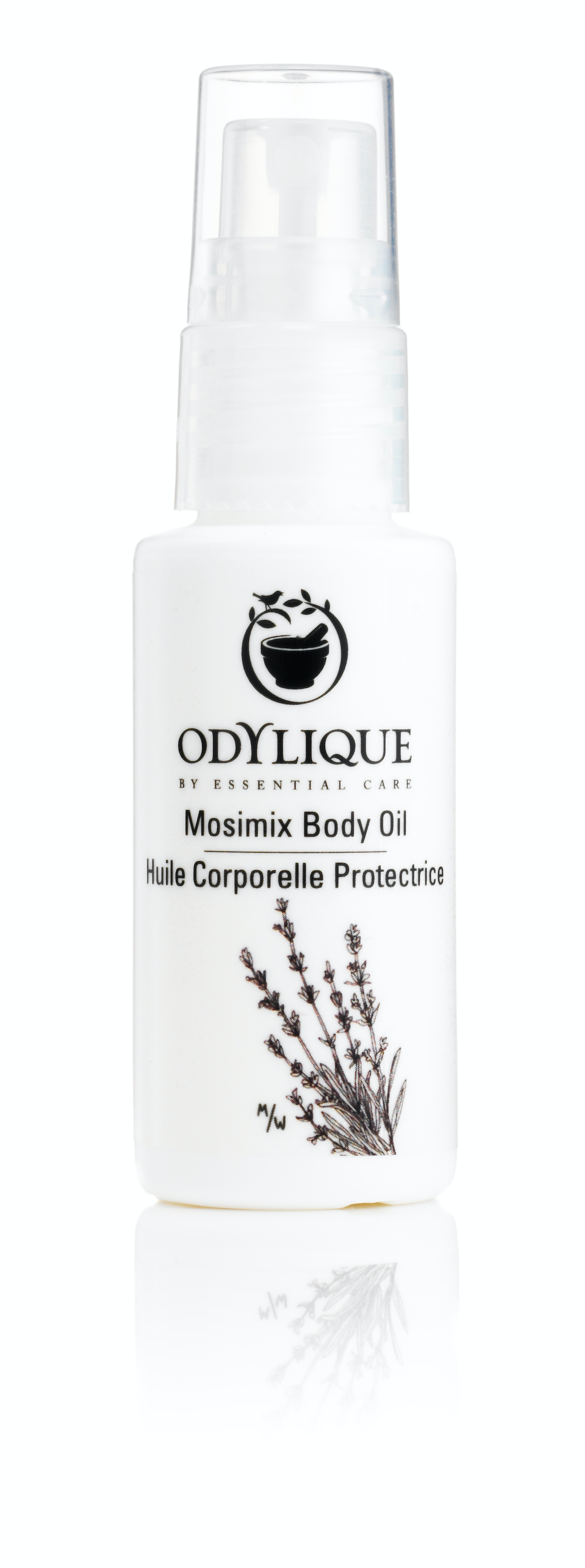 Odylique Mosimix Body Oil. Natural insect repellent. Pictured in a white plastic bottle with white pump, labelled with the brand and product in black and an illustration of herbs.