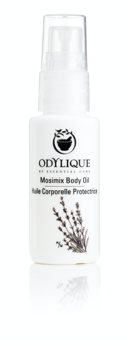 Odylique Mosimix Body Oil. Natural insect repellent. Pictured in a white plastic bottle with white pump, labelled with the brand and product in black and an illustration of herbs.