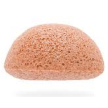 photo of a pink konjac facial cleansing sponge on a white background. the pink sponge is infused with pink clay.