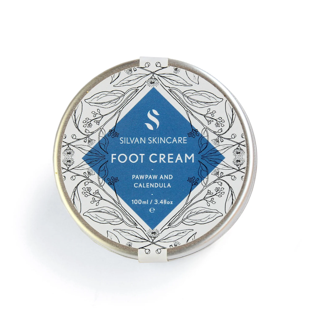 Silvan Skincare Foot Cream in the Hands and Feet Gift Set. Natural gifts. The tin of foot cream is pictured from above showing the blue label.