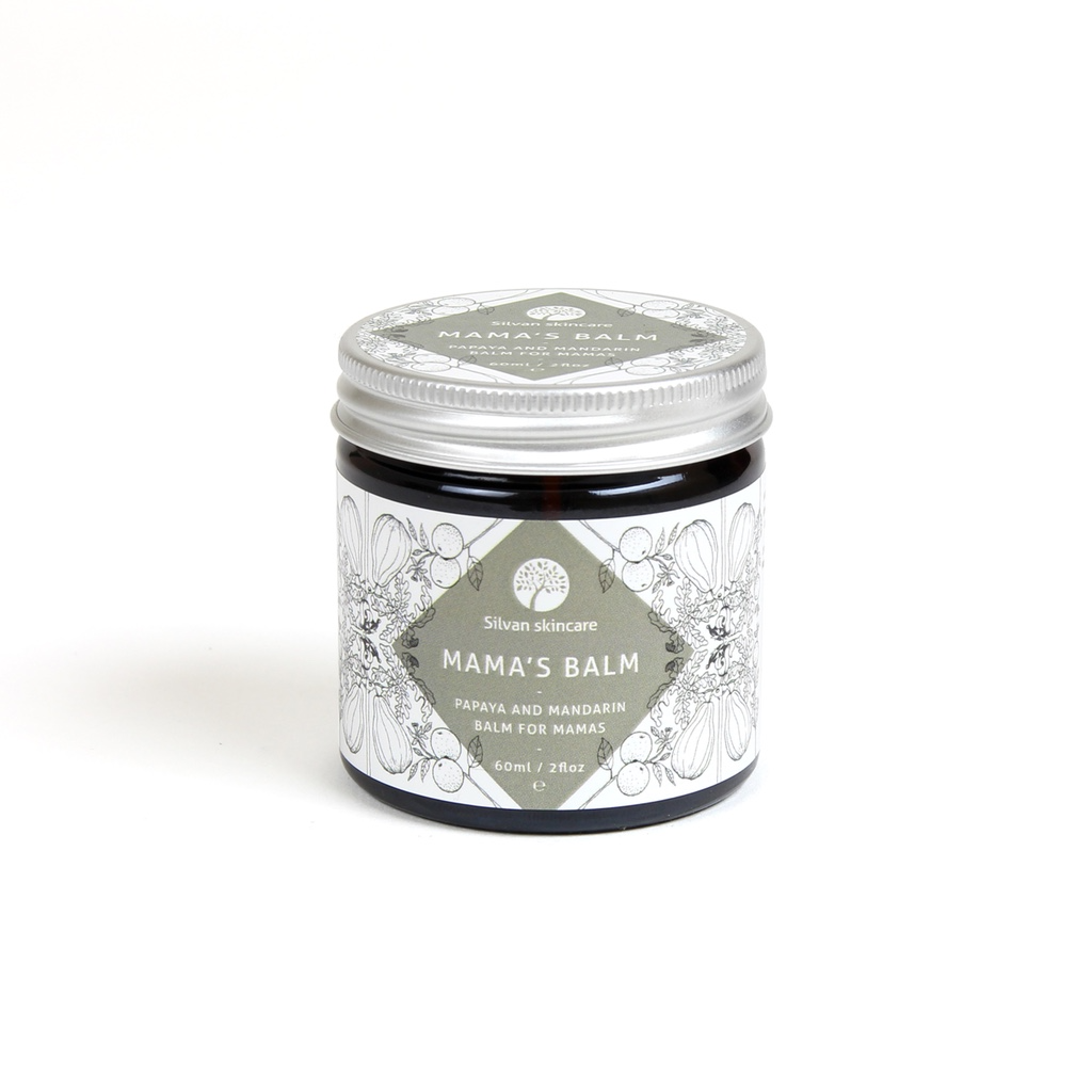 Silvan Skincare Mama's Balm. Vegan pregnancy products. Pictured in an amber glass jar with an aluminium lid and a delicately illustrated white and grey label.