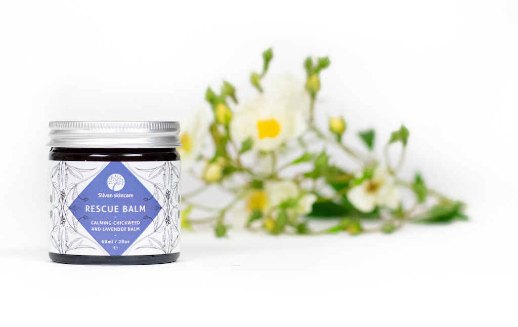 Silvan Skincare Rescue Balm. Vegan skin remedies. The balm is pictured in an amber glass jar with an aluminium lid, labeled in white and blue with fine illustrations of flowers in black. Some chickweed is out of focus behind the jar.