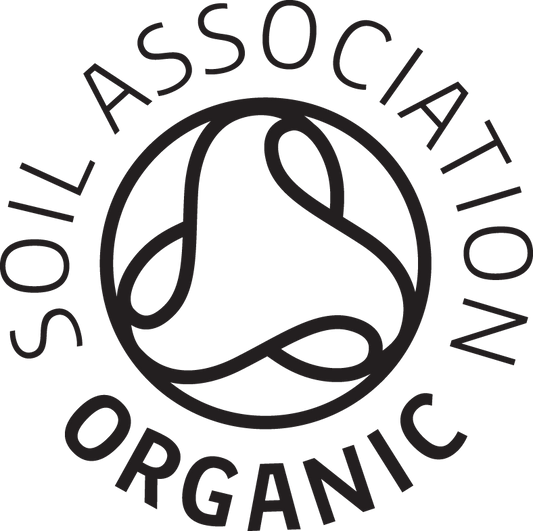 Logo of soil association organic featuring a stylized illustration of a plant within a circle, accompanied by the words "soil association" above and "organic" below in bold lettering.