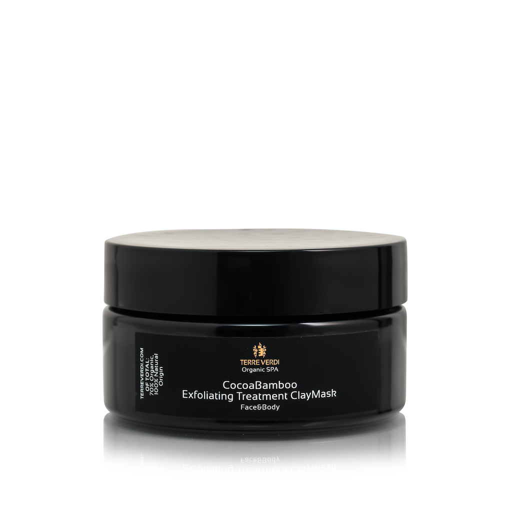 Terre Verdi CocoaBamboo Exfoliating Treatment ClayMask. Certified cruelty free skincare. In a black glass jar with a black glass lid, with a black label with white text.