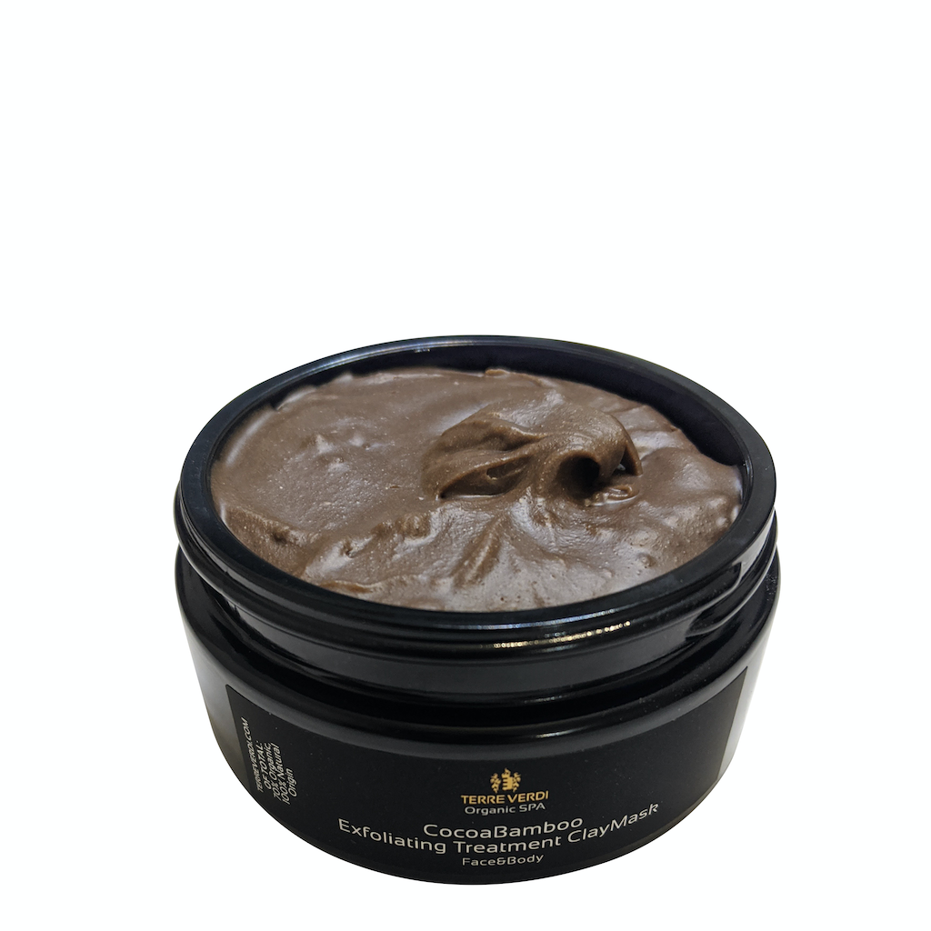 Terre Verdi CocoaBamboo Exfoliating Treatment ClayMask. Certified organic skincare. In a black glass jar with a black glass lid, with a black label with white text.