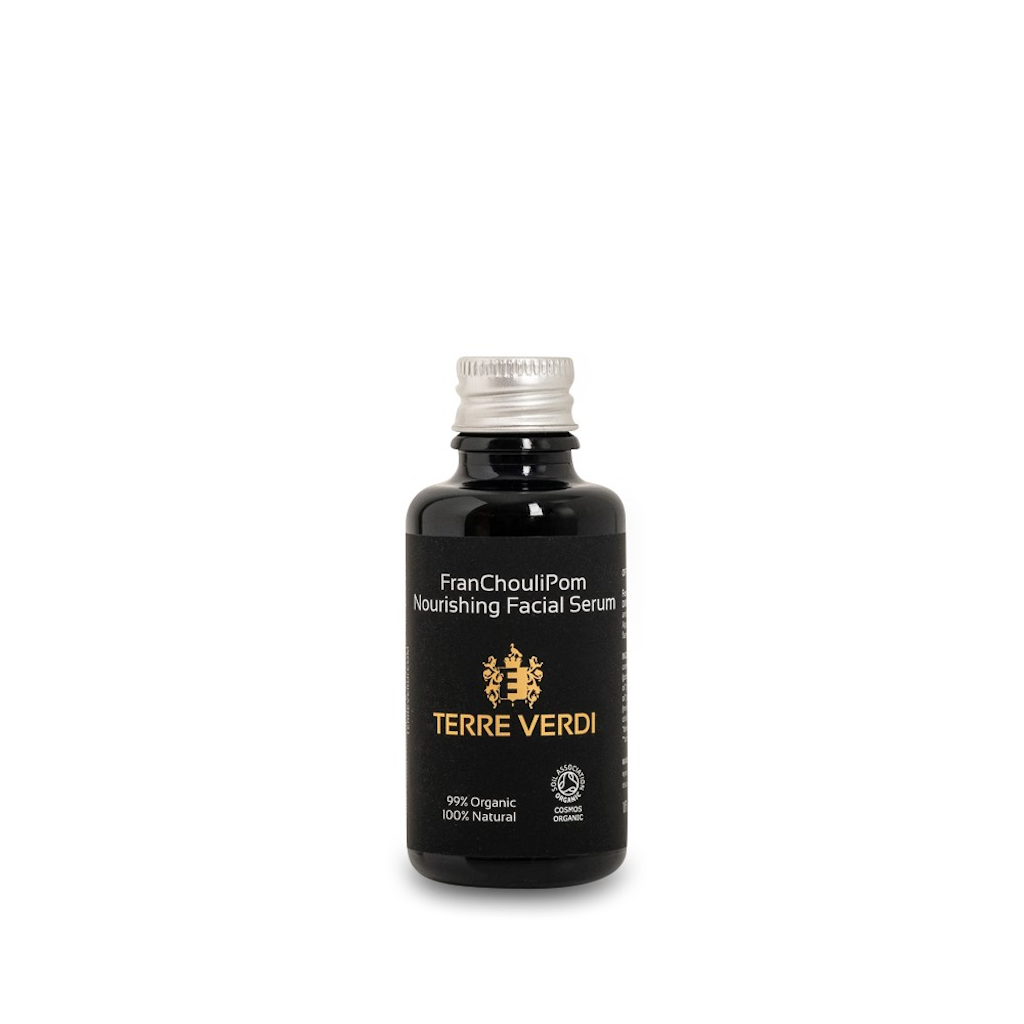 Terre Verdi FranChouliPom Nourishing Facial Serum Refill. Certified organic face oil. Dry skincare. In a black glass bottle with an aluminium screwtop lid. It is labelled in black with the gold logo in the centre and all other text in white.