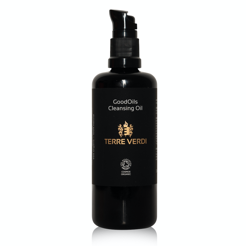 Terre Verdi GoodOils Cleansing Oil Full Size. Vegan Face Cleanser. In a black glass bottle with a black plastic pump. With a black label with the logo in gold in the centre and all other text in white.