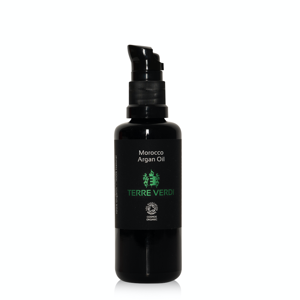 Terre Verdi Morocco Argan Oil. Certified organic argan oil. In a black glass bottle with a black pipette. There is a black label with the logo in green in the centre and all other text in white.