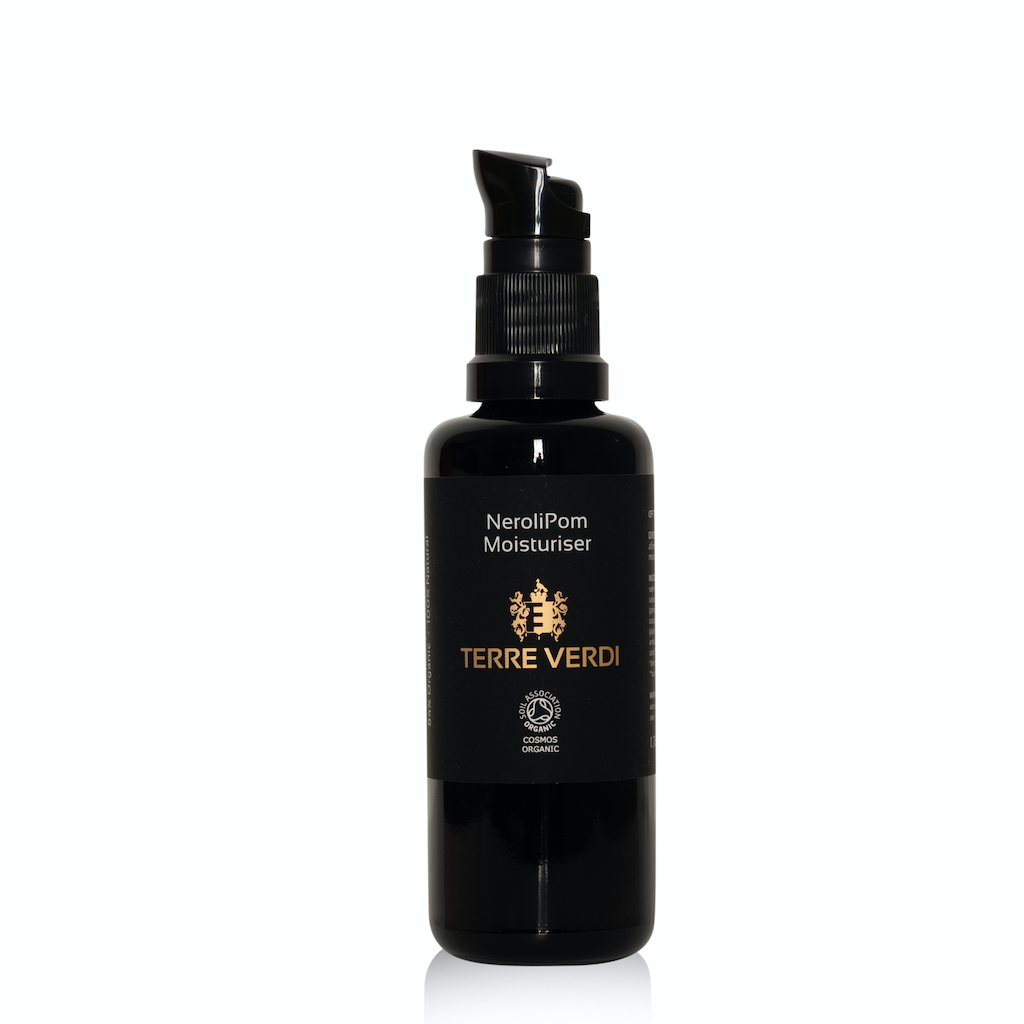 Terre Verdi Nerolipom Moisturiser. Certified organic face moisturiser. In a black glass bottle with a plastic pump. Product has a black label with the logo in gold in the centre and all other text in white