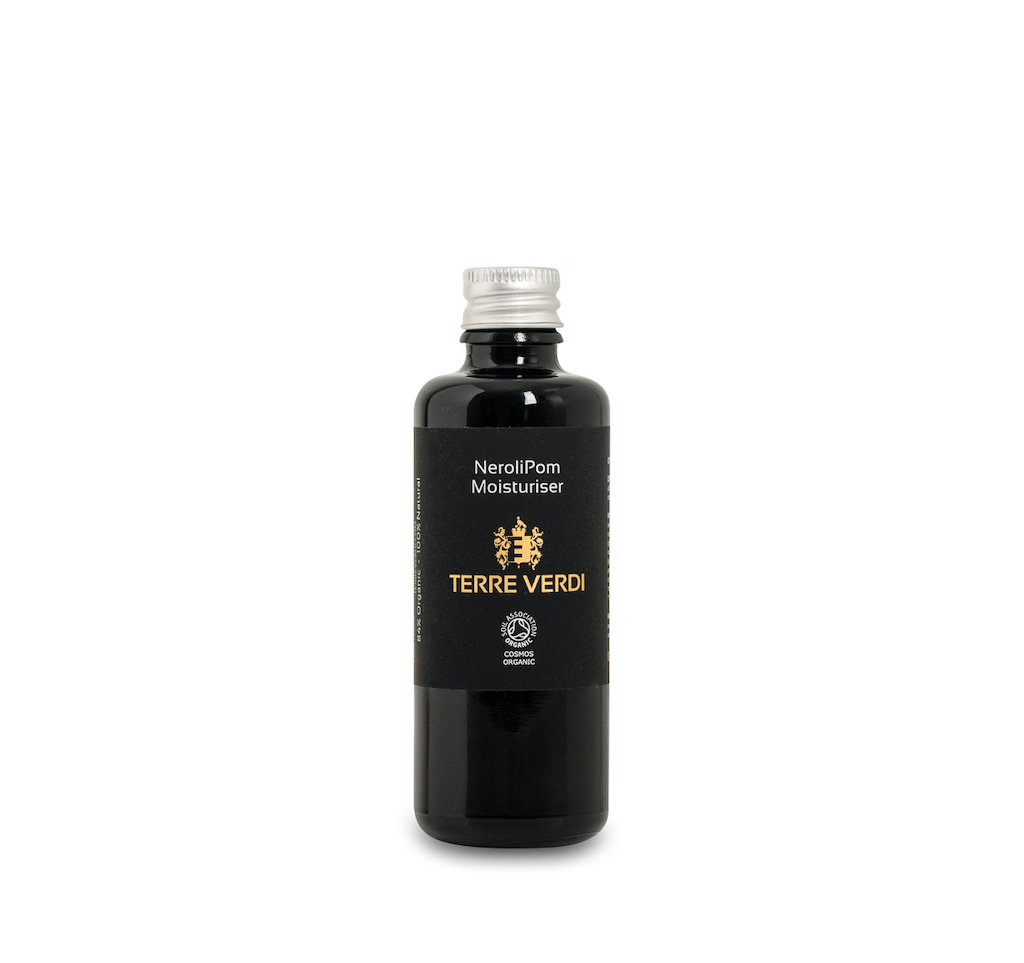 Terre Verdi Nerolipom Moisturiser refill. Certified organic face moisturiser. In a black glass bottle with an aluminium screw top lid. Product has a black label with the logo in gold in the centre and all other text in white.