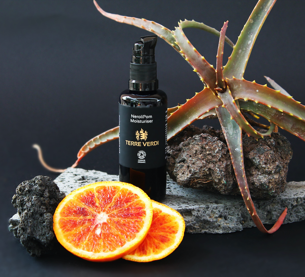 Terre Verdi Nerolipom Moisturiser. Certified organic face moisturiser. In a black glass bottle with a plastic pump. Bottle is sitting on a flat stone with a succulent behind it and orange slices in front.