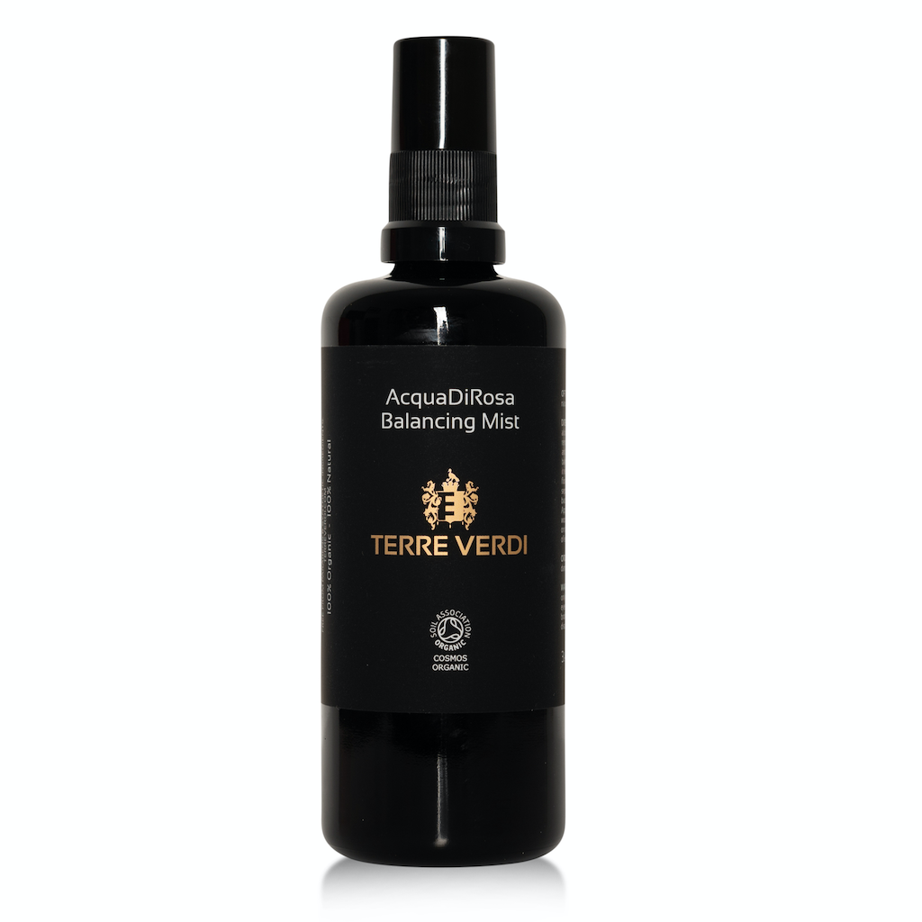 Terre Verdi AcquadiRosa Balancing Mist Full Size. Certified Organic Skincare. The product is in a black glass bottle with a black plastic spray nozzle. It is labeled in black with the logo in gold and other text in white.
