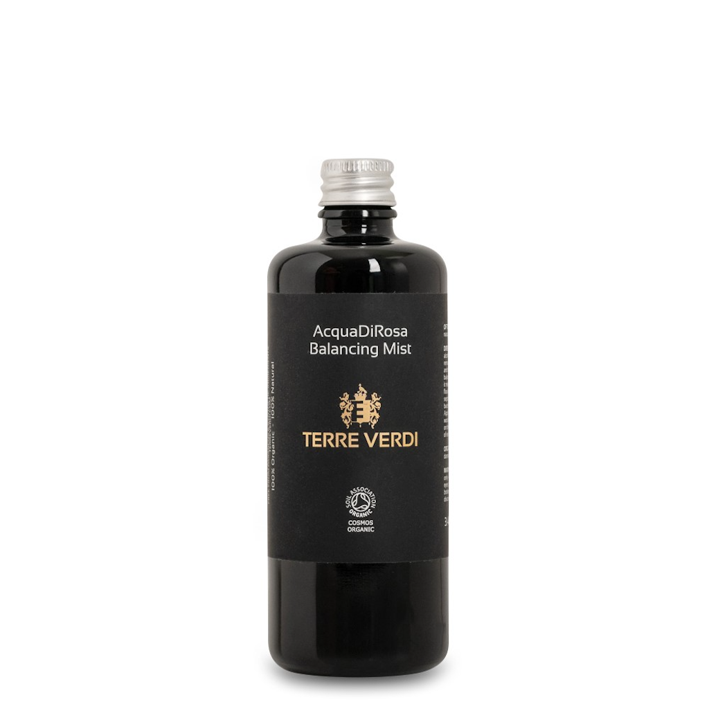 Terre Verdi AcquadiRosa Balancing Mist Full Size Refill. Certified Organic Skincare. The product is in a black glass bottle with an aluminium screwtop lid. It is labeled in black with the logo in gold and other text in white.