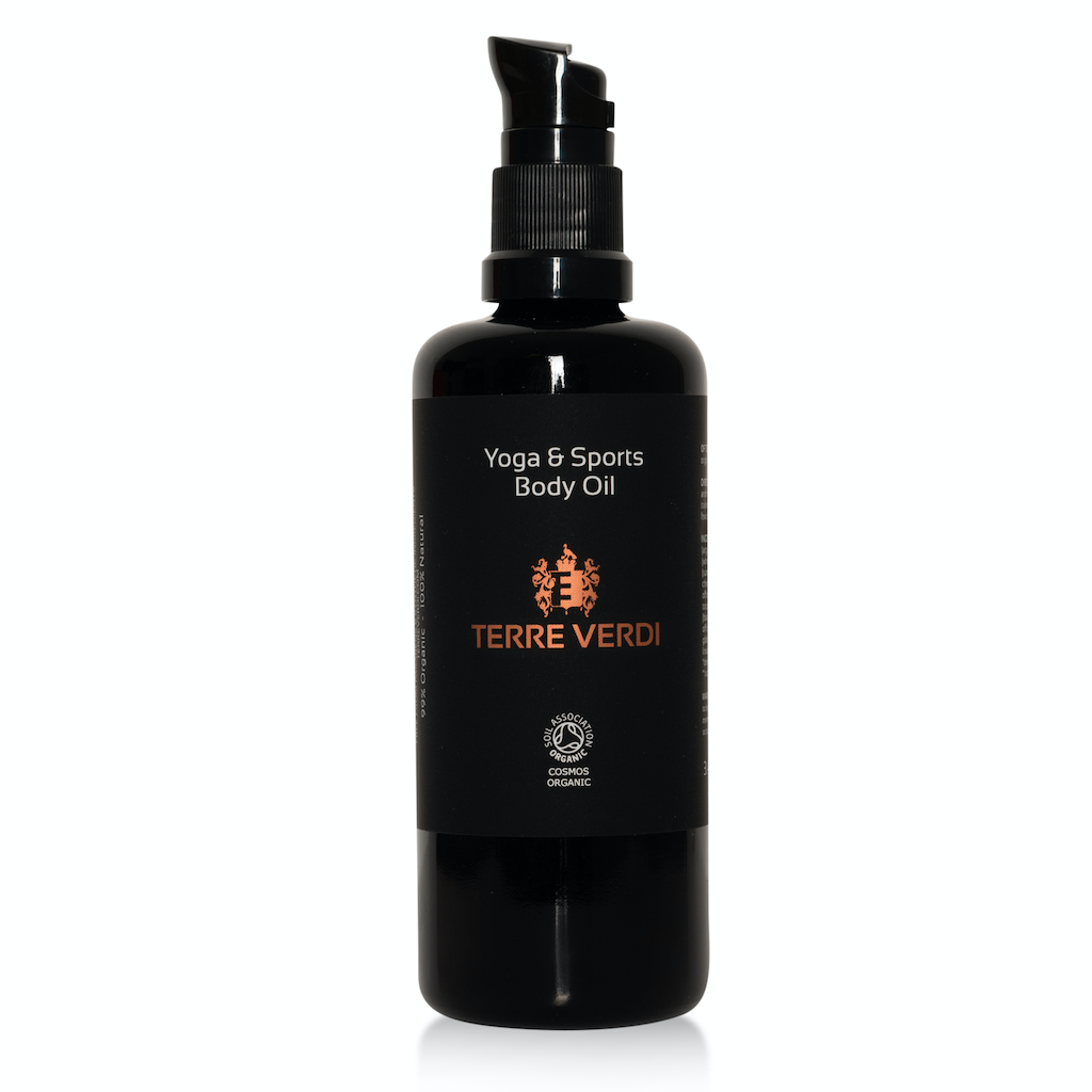 Terre Verdi Yoga & Sports Body Oil Full Size. Certified organic bodycare. In a black glass bottle with a black plastic pump. There is a black label with the label in bronze in the centre and white text otherwise.
